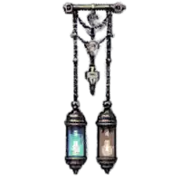 a pair of lanterns hanging from a chain on a white background