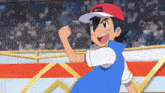a cartoon character is standing in a stadium with his fist in the air and a crowd behind him .