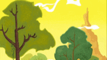 a cartoon drawing of trees and mountains with a yellow background