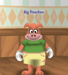 a cartoon pig wearing a green shirt and yellow shorts with big peaches written on the bottom