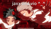 a couple of anime characters are floating in the air with the words `` jaxx and vio '' written on the bottom .