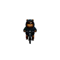 a teddy bear wearing a hoodie is riding a scooter