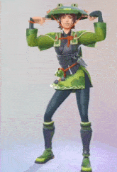 a video game character is wearing a green outfit and a green hat