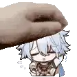 a hand is petting a sleeping chibi character .
