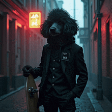 a poodle wearing a black suit and holding a skateboard