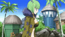a cartoon character with green hair is standing in front of a thatched hut