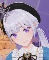a girl with white hair and purple eyes is wearing a black hat and smiling