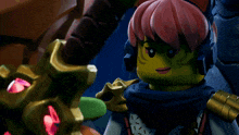 a lego girl with pink hair is holding a gold object
