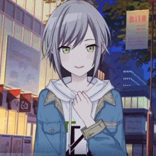 a girl with gray hair and green eyes is standing in front of a building with a sign that says bill on it