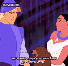 a cartoon of a man and woman holding a bear with the words you 'll learn things you never knew
