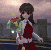 a girl with red eyes and a red bow tie holds a stick