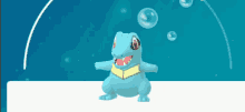 a blue lizard with red eyes is standing on a white surface with bubbles around it
