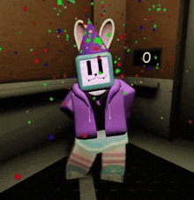 a cartoon character wearing a purple jacket and a party hat