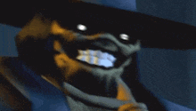a close up of a scarecrow wearing a hat with glowing eyes