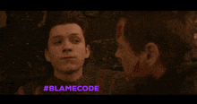 two men are looking at each other with the words #blamecode written below them