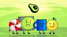 a group of cartoon characters are standing in front of a green background