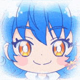 a cartoon girl with blue hair and orange eyes