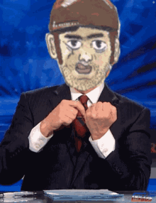 a man in a suit and tie has a cartoon face on his head