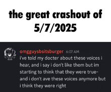 the great crashout of 5/7 2025 is written on a black background