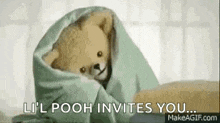 a teddy bear wrapped in a blanket with the words `` lil pooh invites you '' written on it .