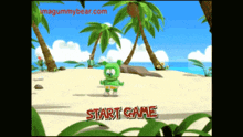 a gummy bear on a beach with the words start game in red