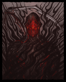 a drawing of a monster with red eyes and a sword