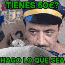 a man in a police hat is holding a syringe in his mouth