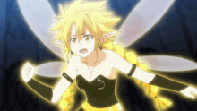 a girl with yellow hair and wings has the letter s on her neck