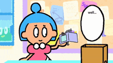a cartoon of a girl holding a wallet with a speech bubble saying well