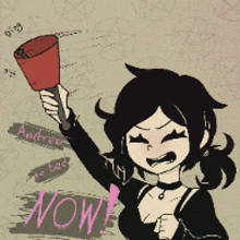 a cartoon of a girl holding a red bell with the word now written on it