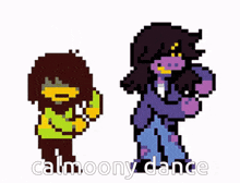 a pixel art of kris and susie dancing with the words calmoony dance behind them
