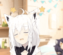 a girl with white hair and cat ears has a yellow star on her head