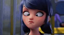 a close up of a cartoon character with blue hair making a funny face