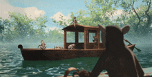 a group of monkeys are sitting on top of a boat in the water
