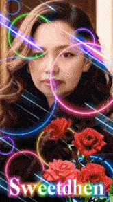 a picture of a woman with roses and the word sweethen