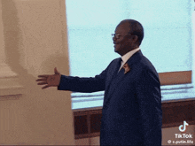 a man in a suit and tie is standing in front of a window with his arm outstretched