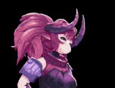 a girl with purple hair and horns is standing in front of a black background