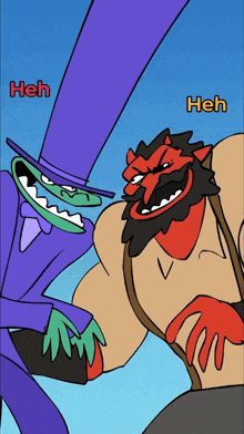 two cartoon characters are standing next to each other and one of them has the word heh on it