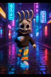 a cartoon character is walking down a cobblestone street with neon signs behind him .