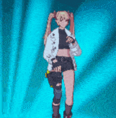 a pixel art drawing of a girl with pigtails pointing at something