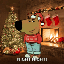 a cartoon bear wearing a ho ho ho sweater stands in front of a fireplace