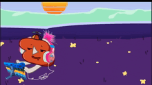 a cartoon character wearing headphones and holding a skateboard