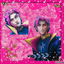 a picture of a man with pink hair and red eyes is displayed on a pink background with picmix at the bottom