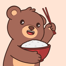 a bear is holding a bowl of rice and chopsticks