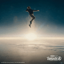 a poster for the fantastic 4 first steps shows a man in the air
