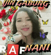 a picture of a woman with flowers and butterflies and the name rafnani
