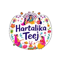 a colorful logo for hartalika teej with a peacock on top