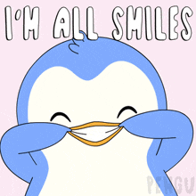 a penguin is smiling with the words i 'm all smiles behind it