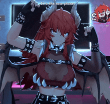 a girl with red hair and horns stands in front of a screen that says it 's the new phone