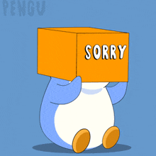 a cartoon penguin is holding a box that says sorry